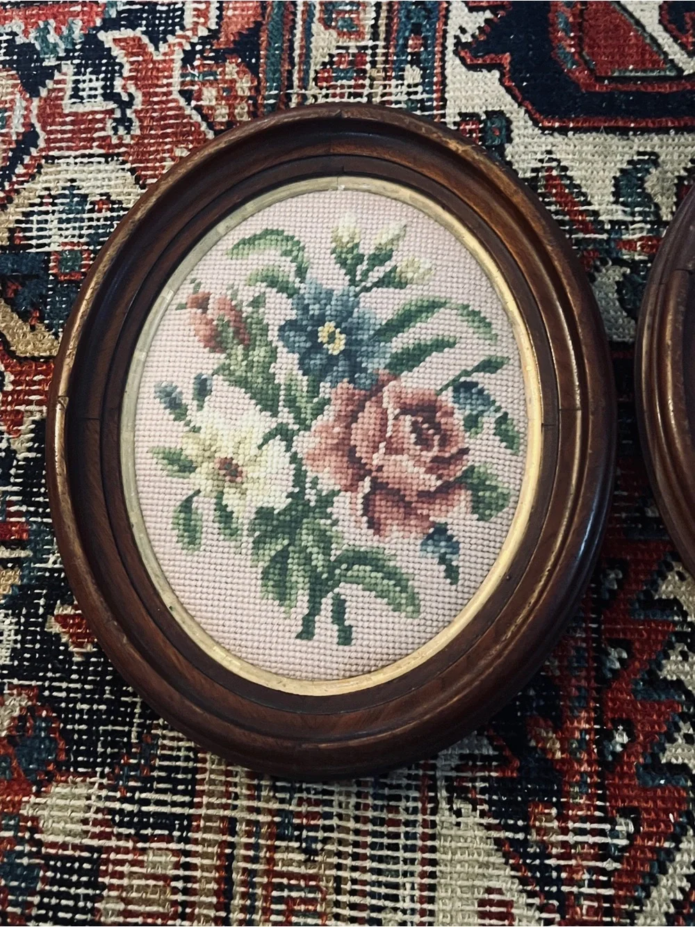 Vintage Floral Needlepoint Wall Plaques -